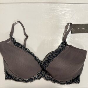 Natori Feathers Bra - Gray with Navy Lace-Trim